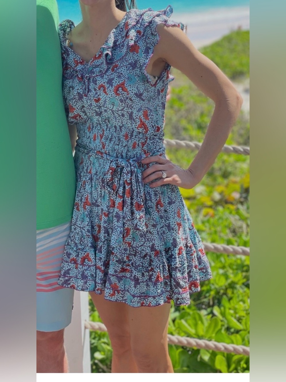 Poupette St. Barth Light Blue Floral Ruffle Mini Dress with Coral Accents